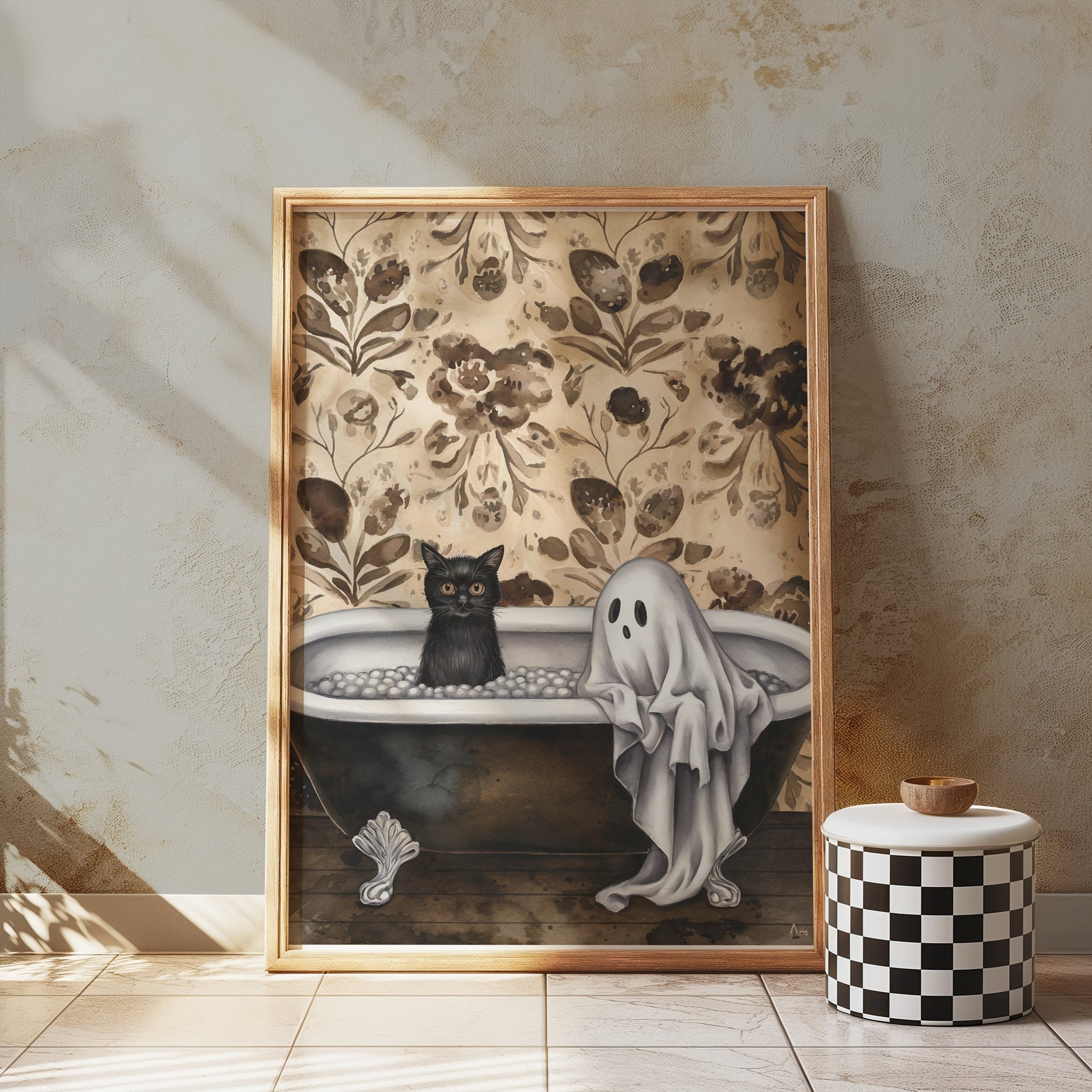 Premium Poster of Ghost and Cat in Bathtub Halloween Art Print Posters