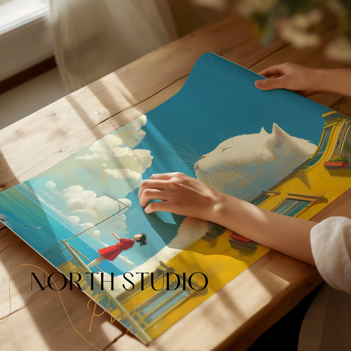 Premium Poster of Giant White Cat Overlooks Girl on Balcony Posters