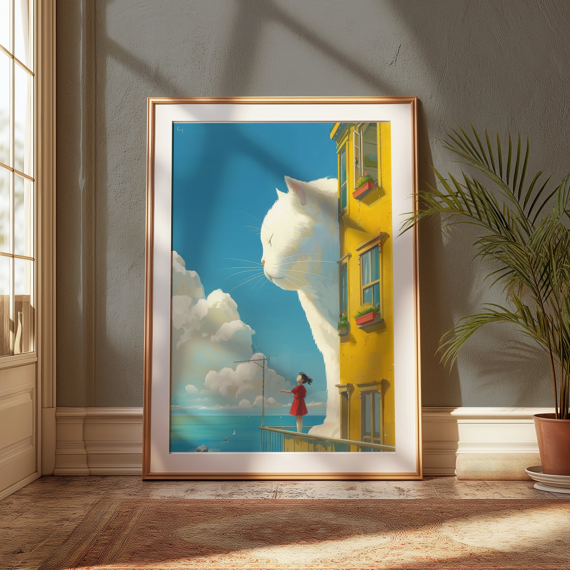 Premium Poster of Giant White Cat Overlooks Girl on Balcony Posters