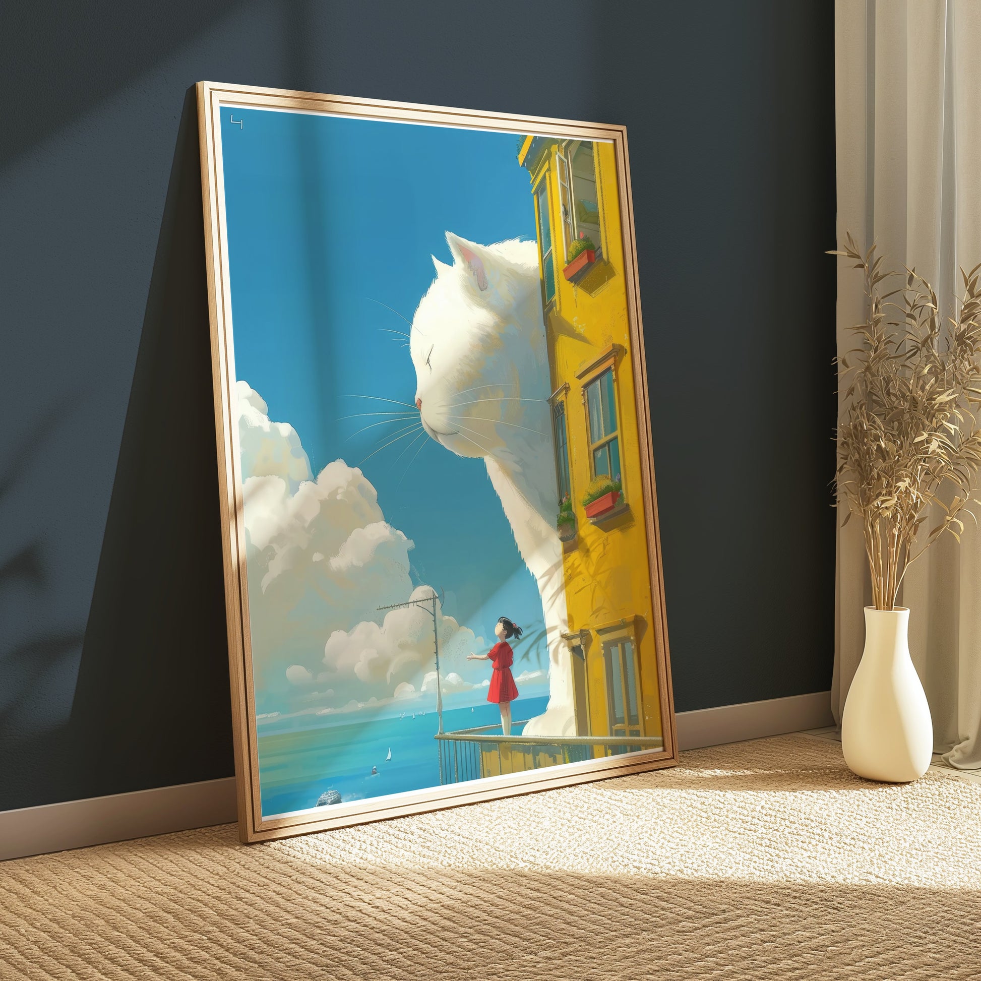 Premium Poster of Giant White Cat Overlooks Girl on Balcony Posters
