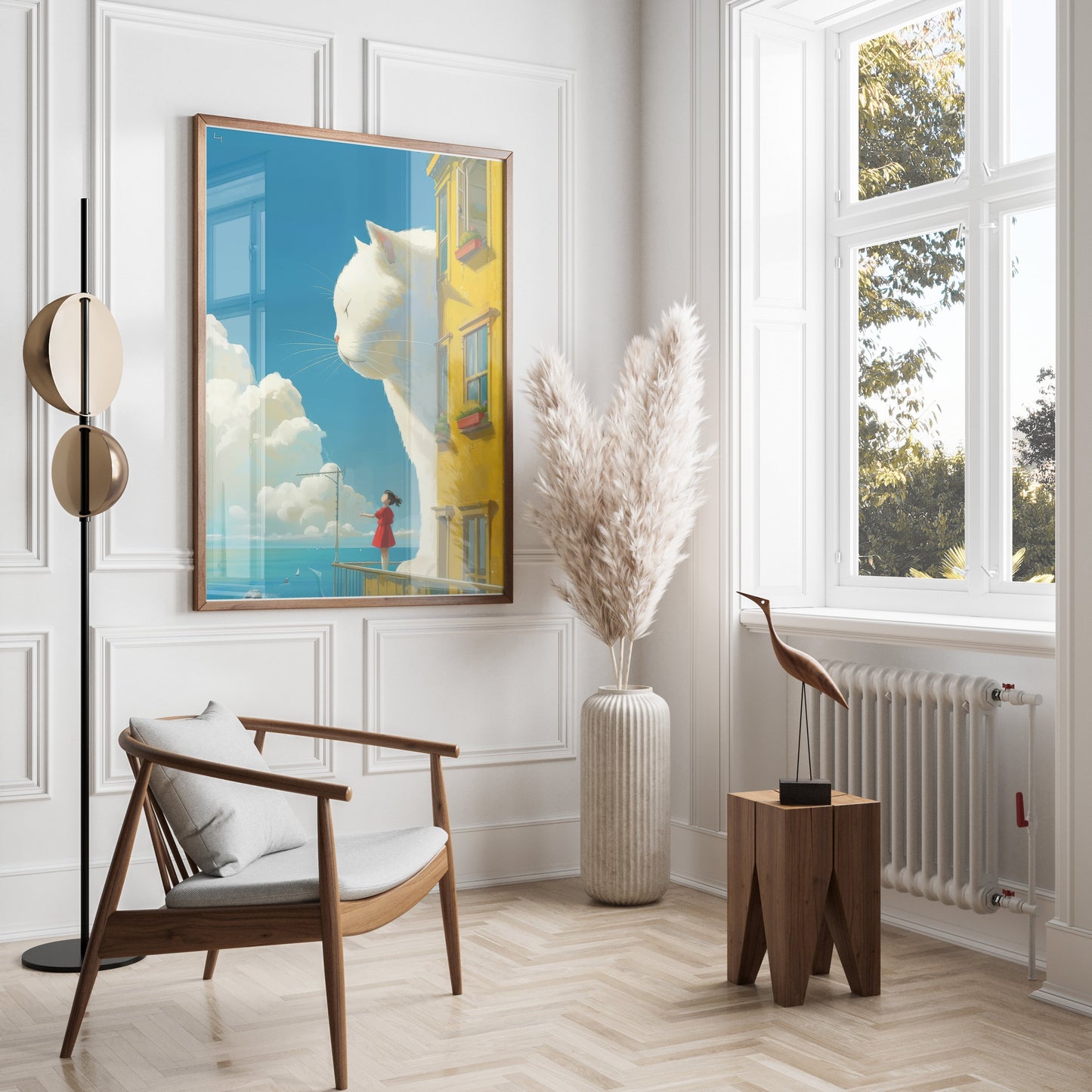 Premium Poster of Giant White Cat Overlooks Girl on Balcony Posters