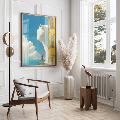 Premium Poster of Giant White Cat Overlooks Girl on Balcony Posters