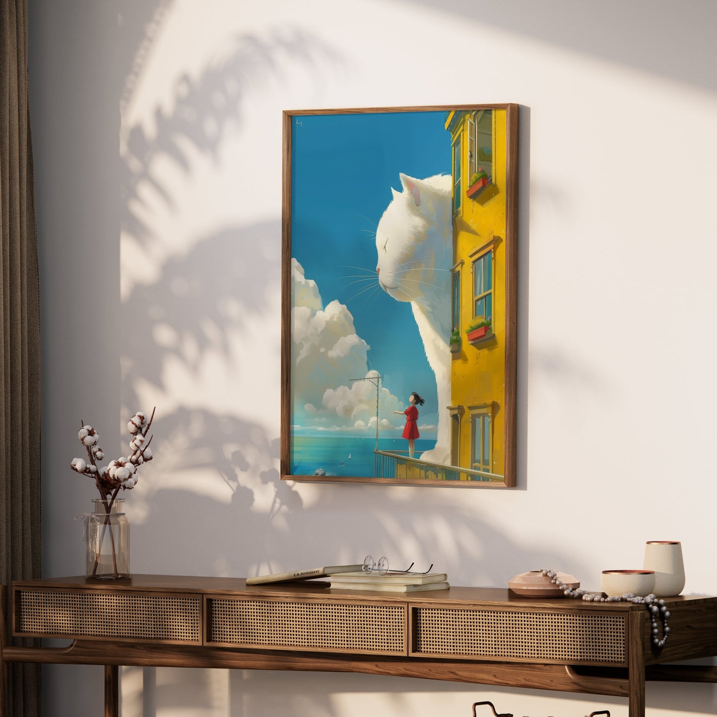 Premium Poster of Giant White Cat Overlooks Girl on Balcony Posters