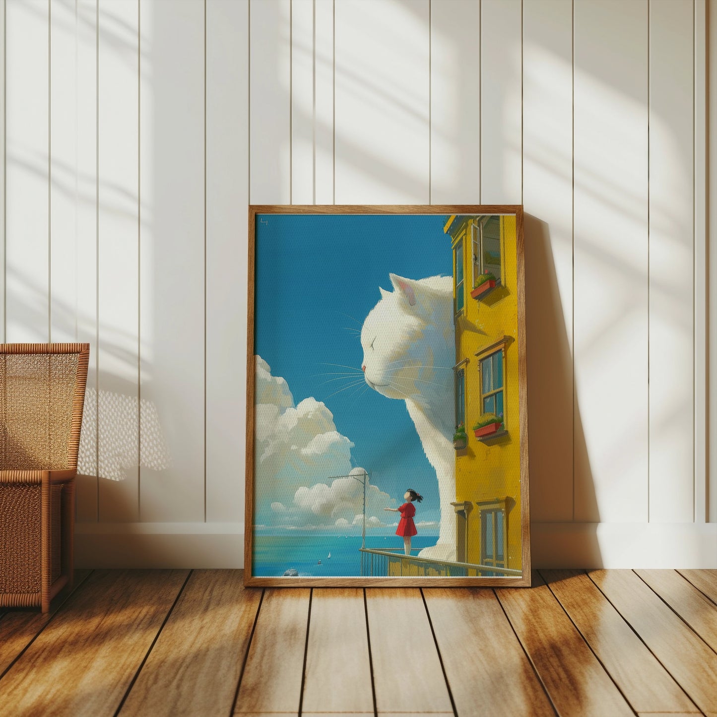 Premium Poster of Giant White Cat Overlooks Girl on Balcony Posters