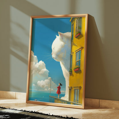Premium Poster of Giant White Cat Overlooks Girl on Balcony Posters