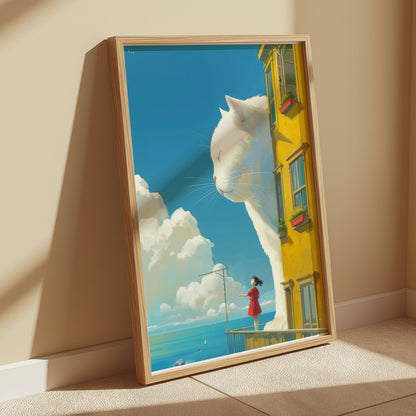 Premium Poster of Giant White Cat Overlooks Girl on Balcony Posters
