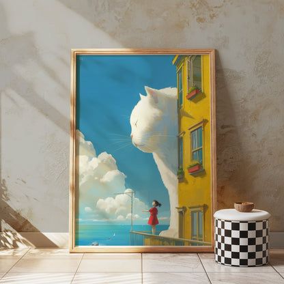 Premium Poster of Giant White Cat Overlooks Girl on Balcony Posters