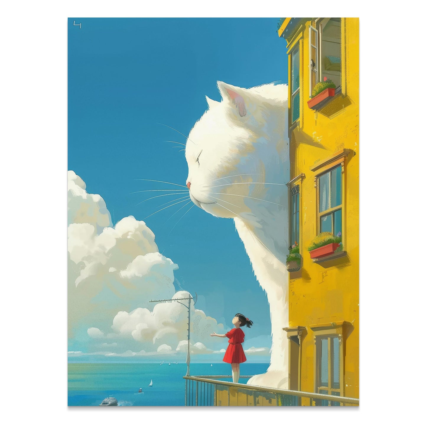 Premium Poster of Giant White Cat Overlooks Girl on Balcony Posters