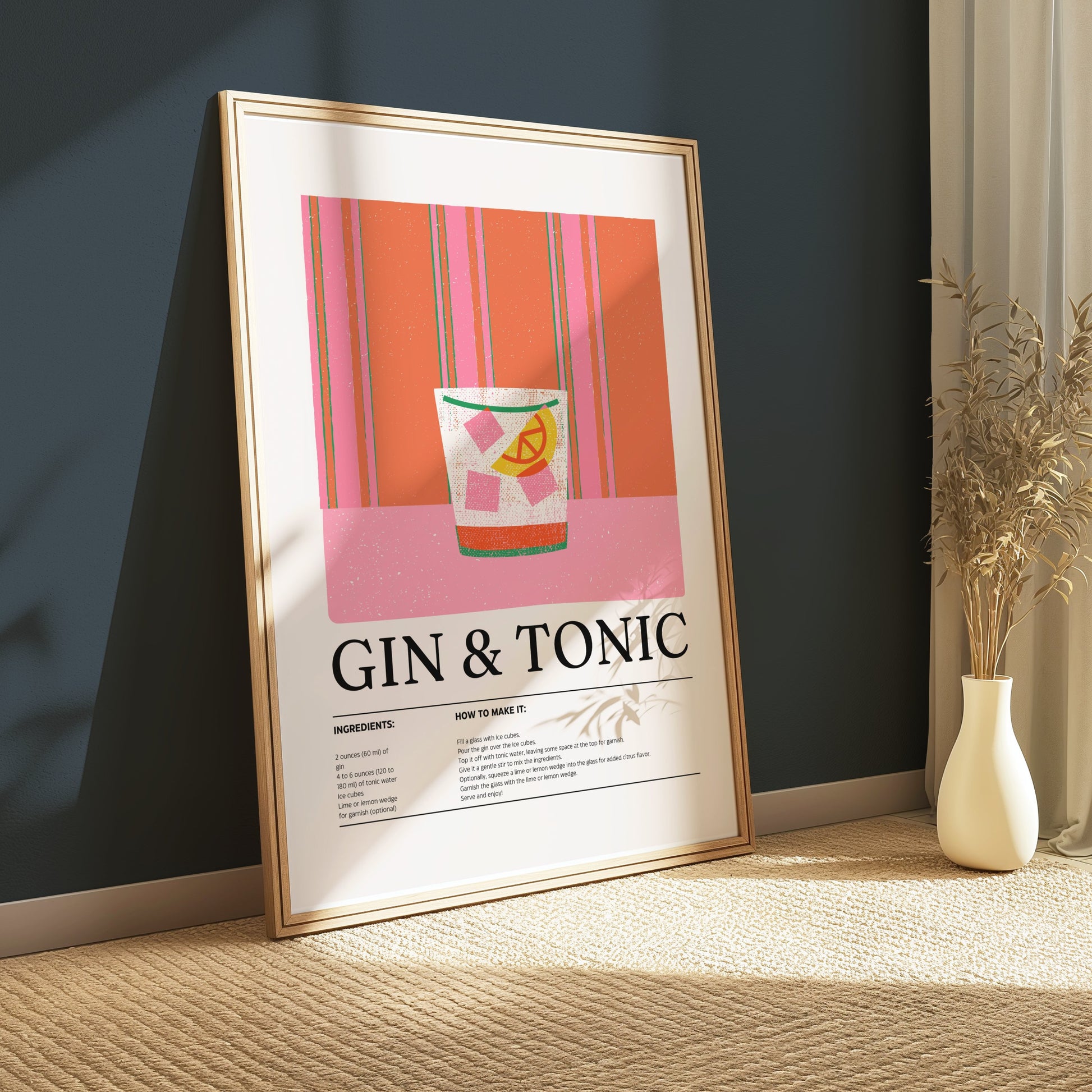 Premium Poster of Gin and Tonic Recipe Wall Art Vintage Style Posters