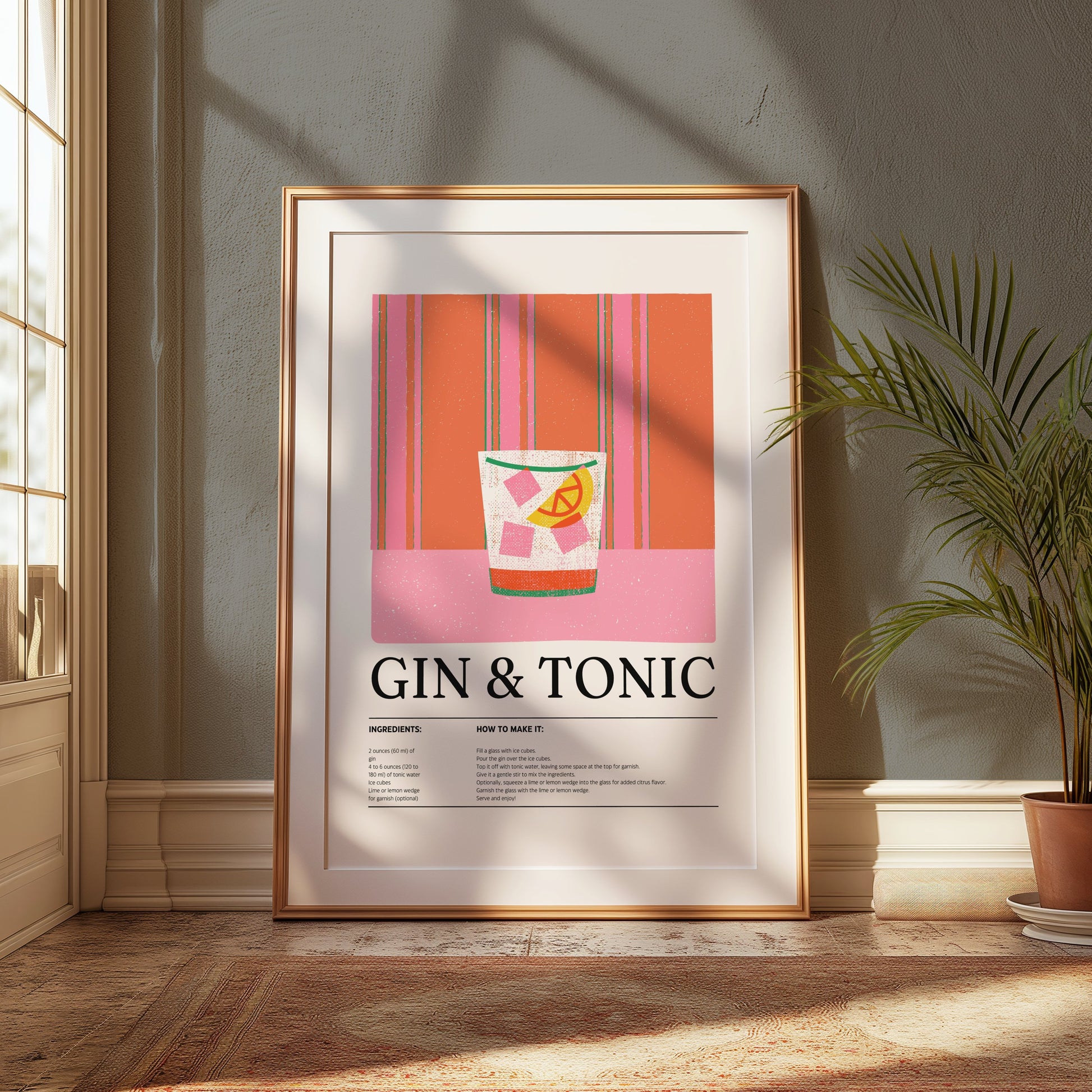 Premium Poster of Gin and Tonic Recipe Wall Art Vintage Style Posters