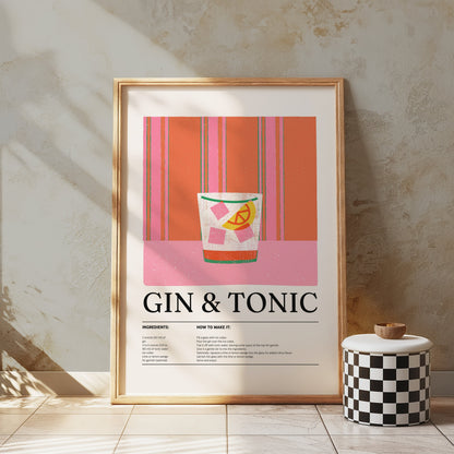 Premium Poster of Gin and Tonic Recipe Wall Art Vintage Style Posters