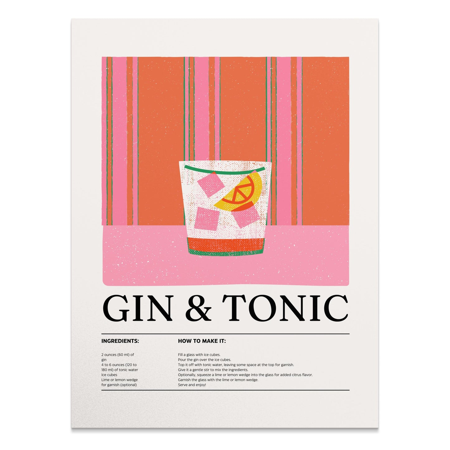 Premium Poster of Gin and Tonic Recipe Wall Art Vintage Style Posters