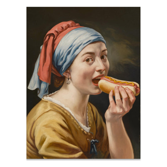 Premium Poster of Girl with a Hotdog Painting Funny Parody Art Posters