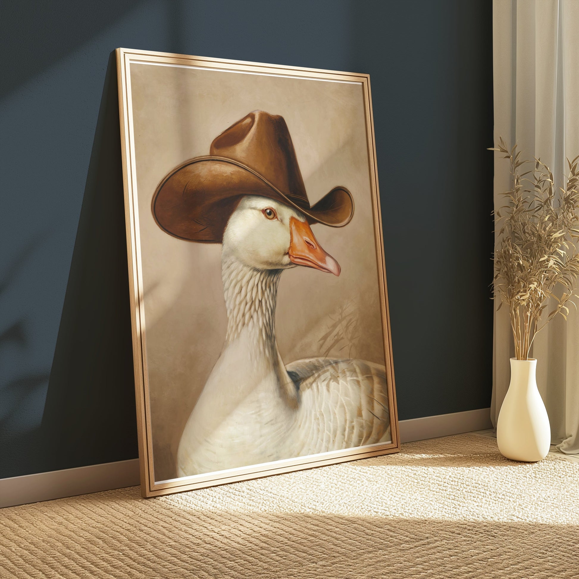 Goose wearing cowboy hat art print leaning against a dark teal wall, showcasing a humorous and unique wall art piece for modern interiors.