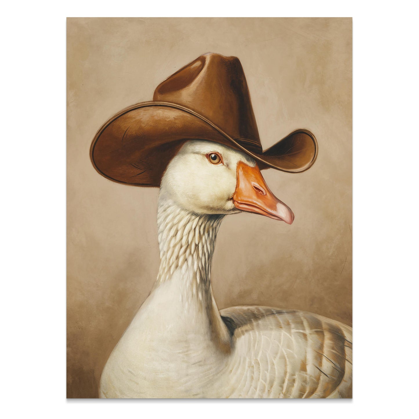 Premium quality art print featuring a goose wearing a cowboy hat, set against a neutral background, ideal for whimsical and country-style decor.