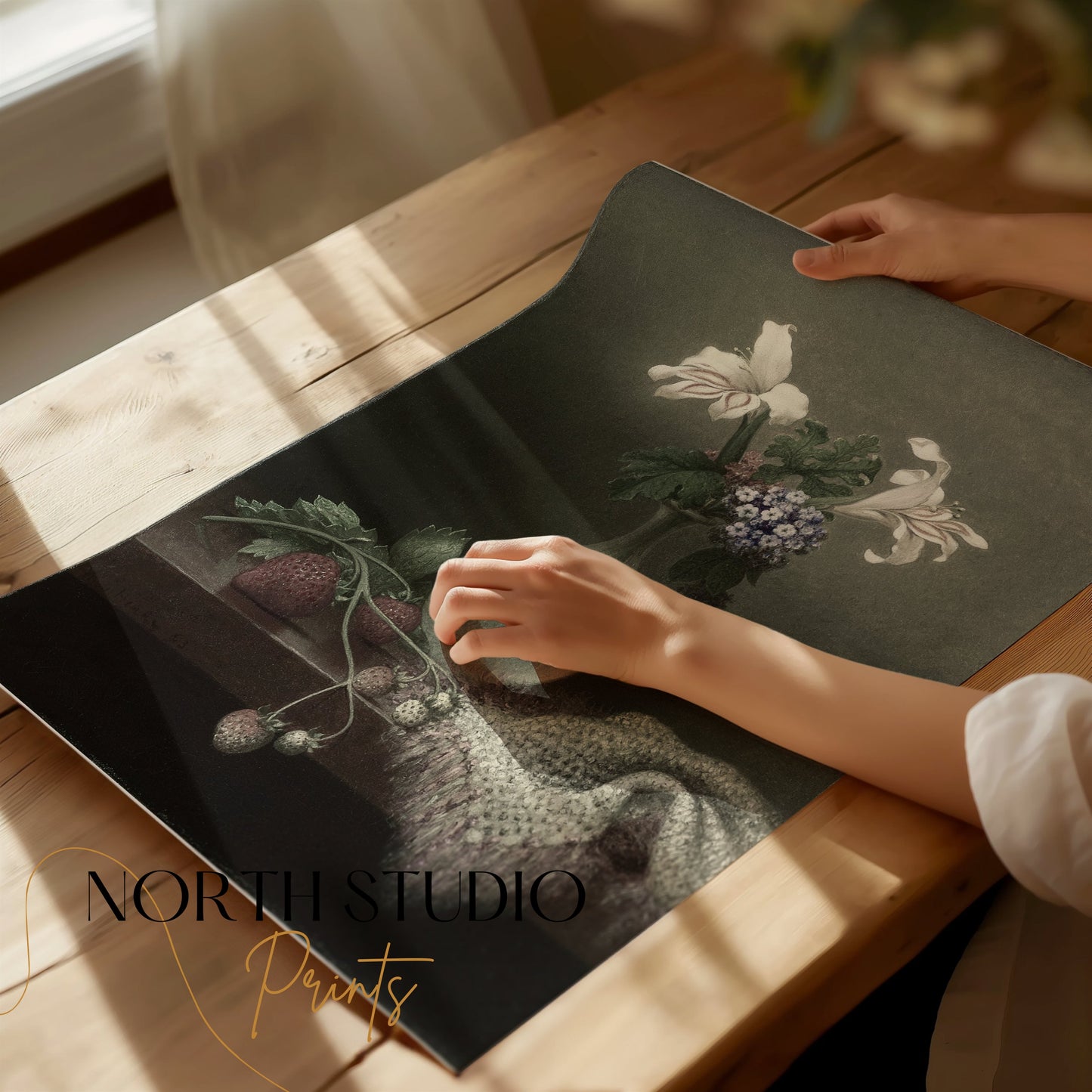Premium Poster of Graceful Floral Still Life with Vase and Strawberries Posters