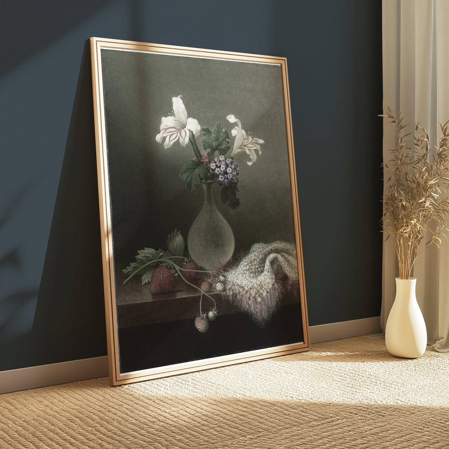Premium Poster of Graceful Floral Still Life with Vase and Strawberries Posters