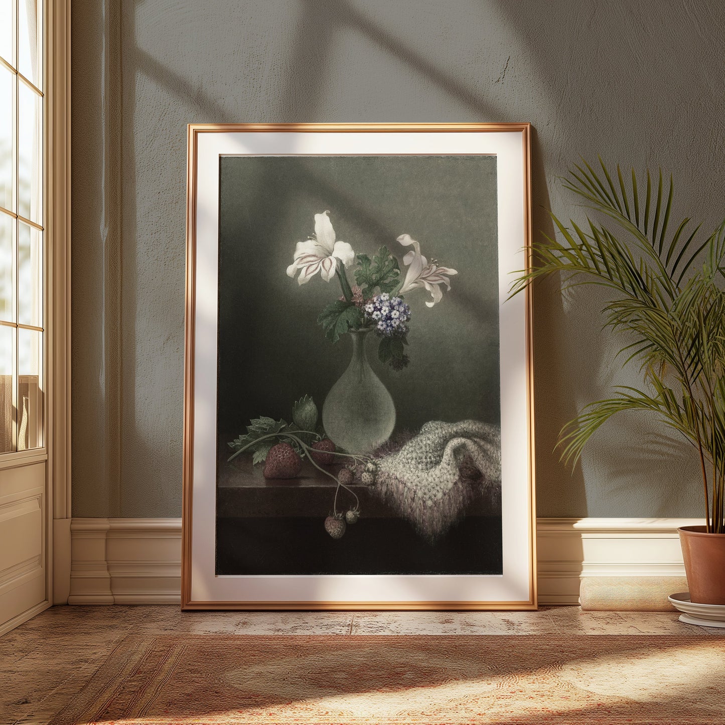 Premium Poster of Graceful Floral Still Life with Vase and Strawberries Posters