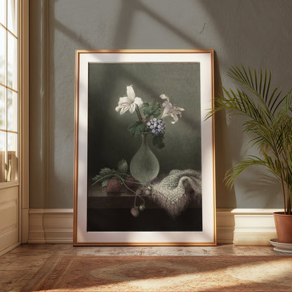 Premium Poster of Graceful Floral Still Life with Vase and Strawberries Posters