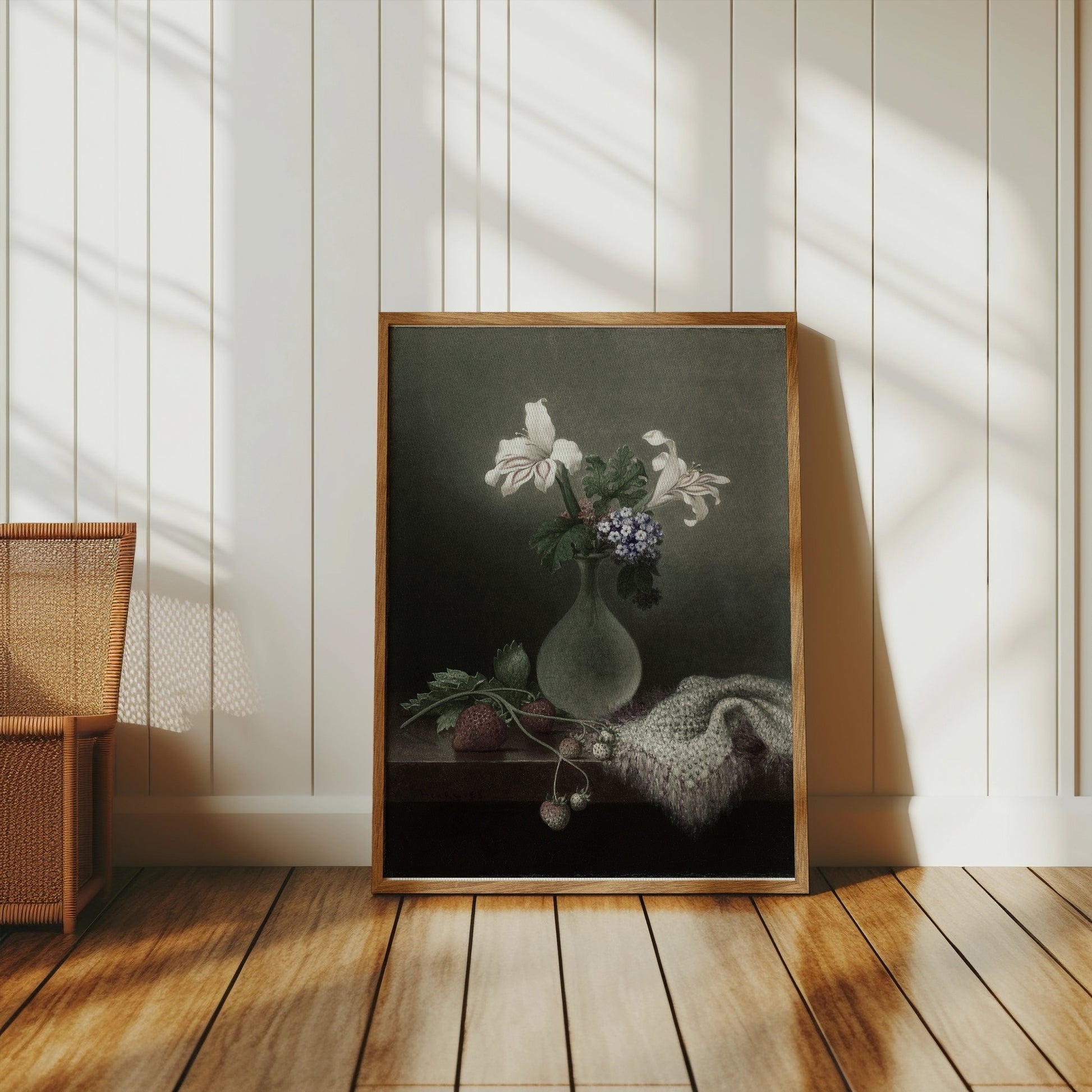Premium Poster of Graceful Floral Still Life with Vase and Strawberries Posters