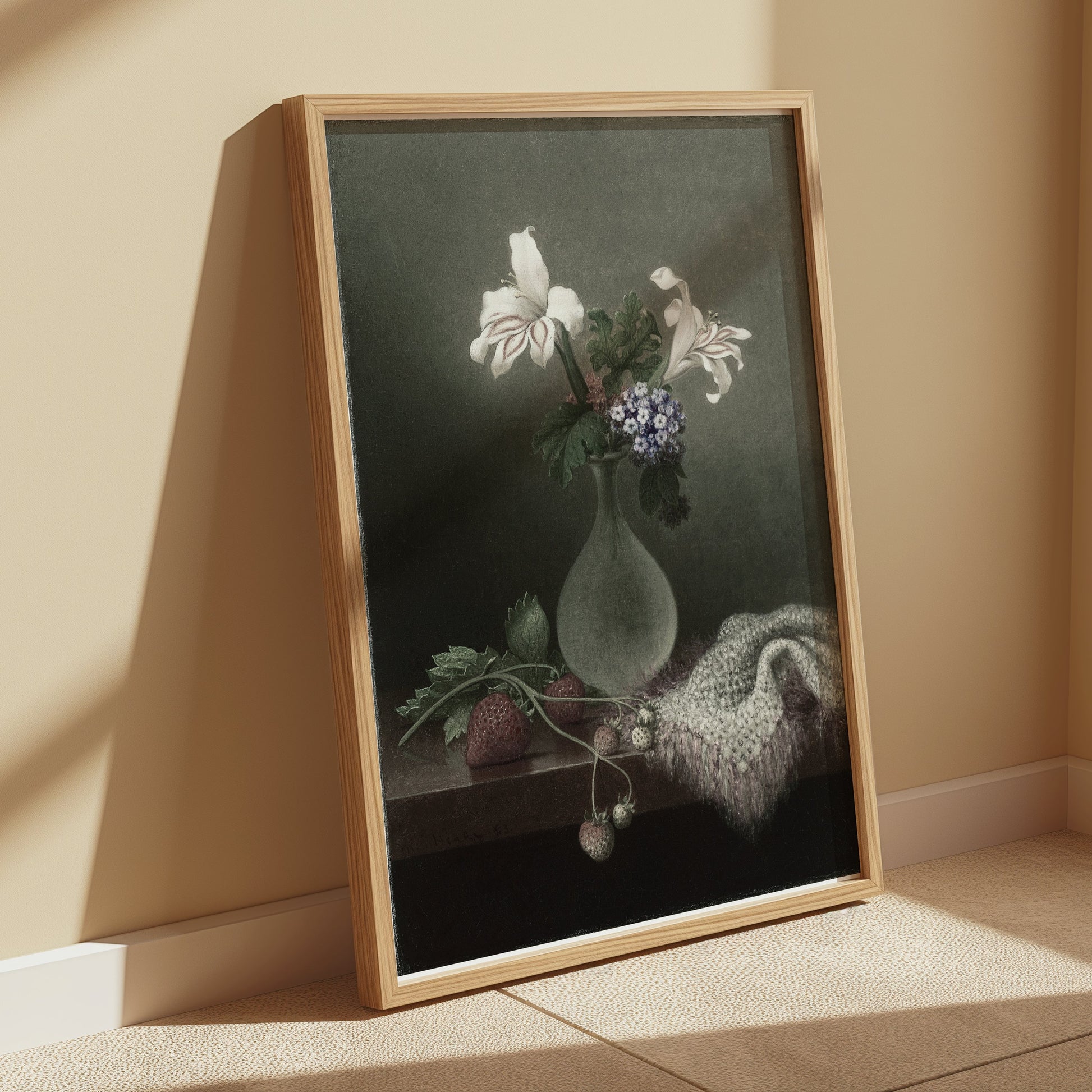 Premium Poster of Graceful Floral Still Life with Vase and Strawberries Posters