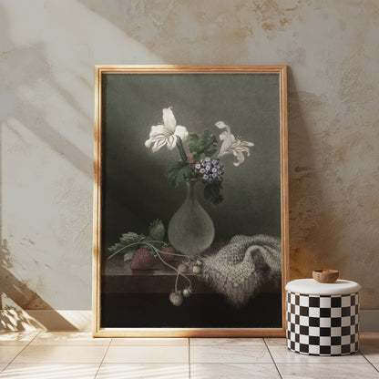 Premium Poster of Graceful Floral Still Life with Vase and Strawberries Posters