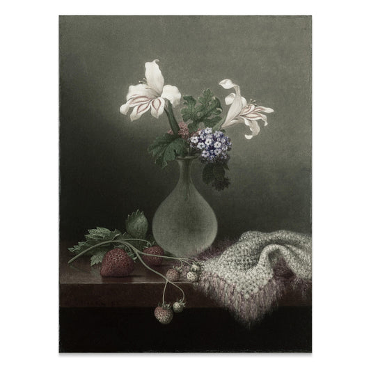 Premium Poster of Graceful Floral Still Life with Vase and Strawberries Posters