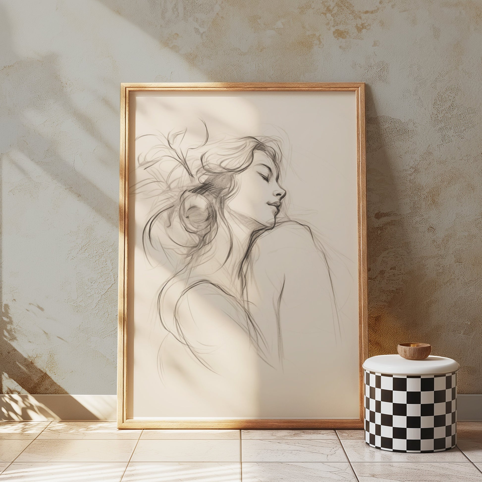 Premium Poster of Graceful Sketch of Woman in Thoughtful Pose Posters