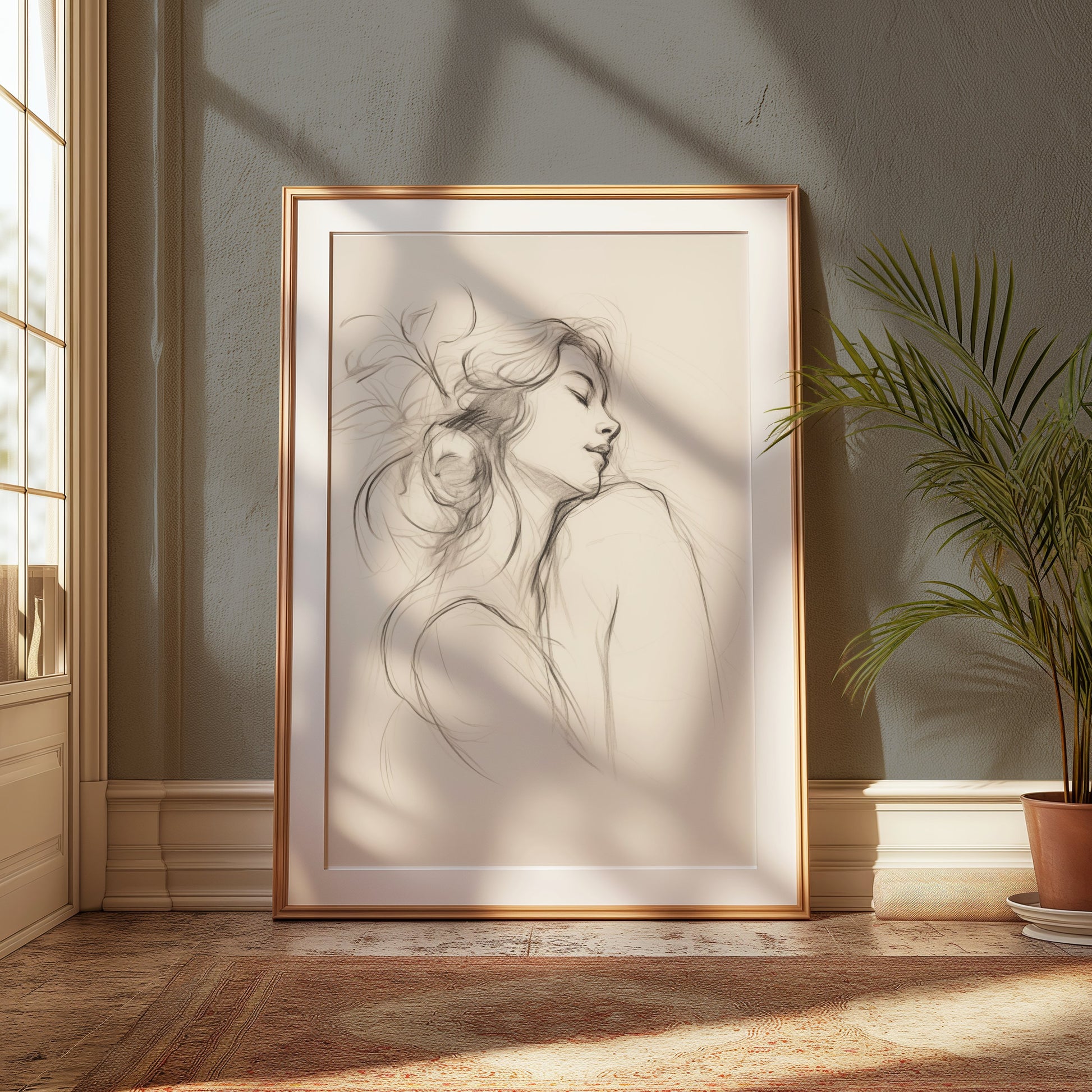 Premium Poster of Graceful Sketch of Woman in Thoughtful Pose Posters