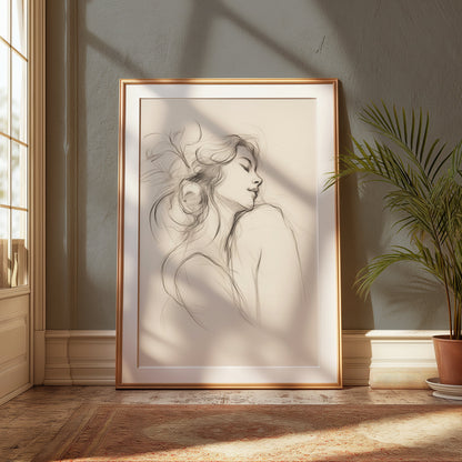 Premium Poster of Graceful Sketch of Woman in Thoughtful Pose Posters