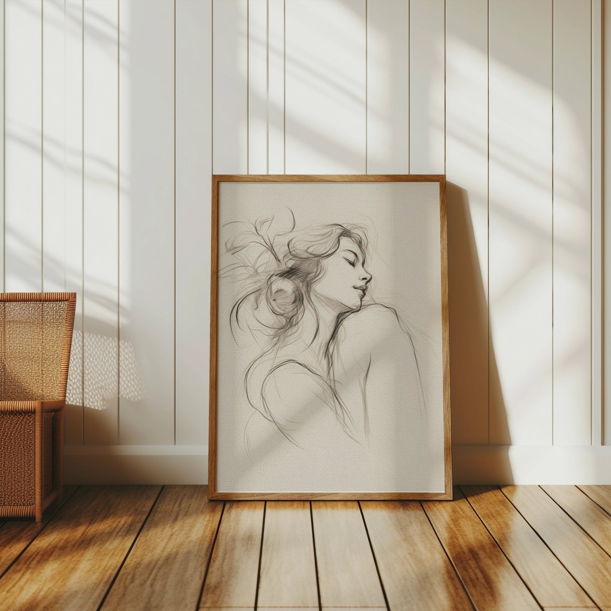 Premium Poster of Graceful Sketch of Woman in Thoughtful Pose Posters