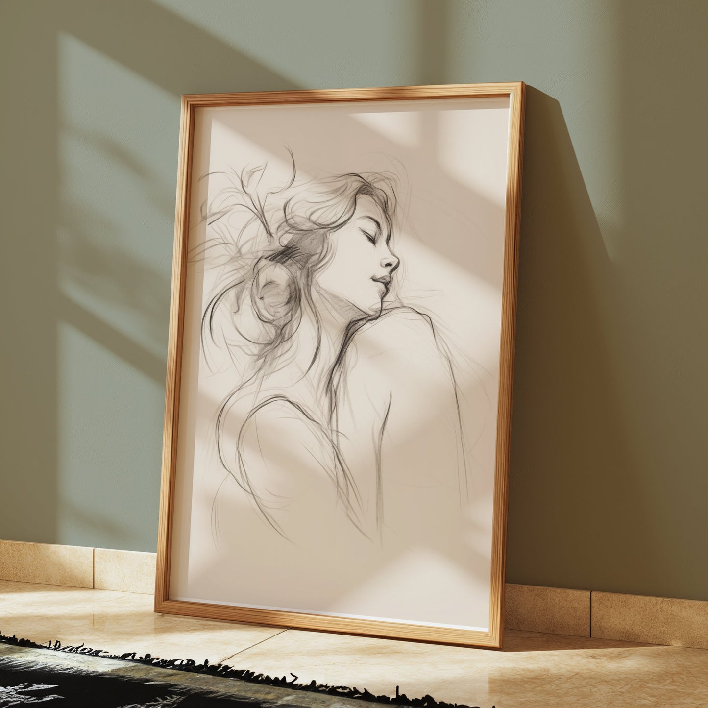 Premium Poster of Graceful Sketch of Woman in Thoughtful Pose Posters