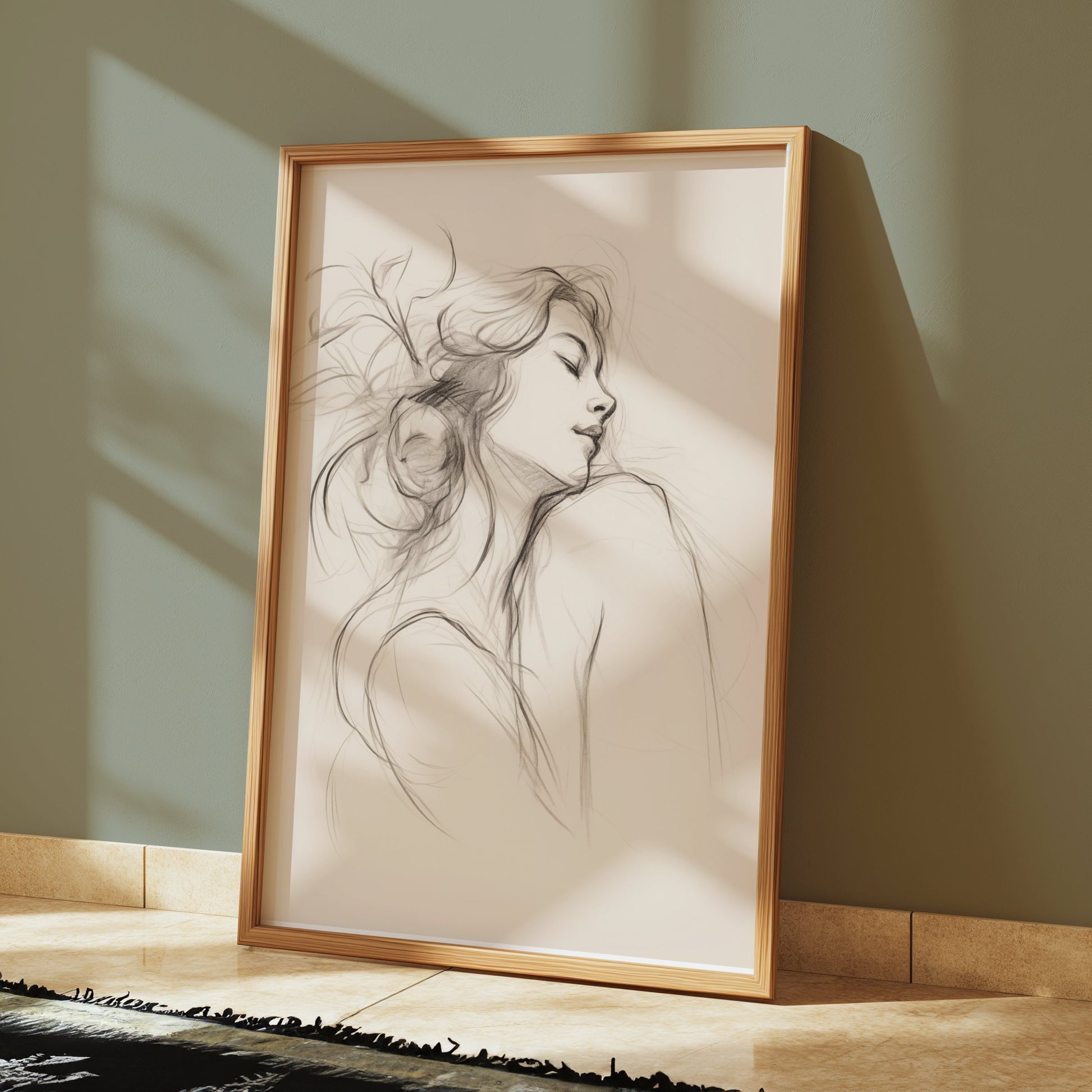 Premium Poster of Graceful Sketch of Woman in Thoughtful Pose Posters