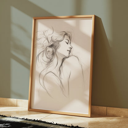 Premium Poster of Graceful Sketch of Woman in Thoughtful Pose Posters