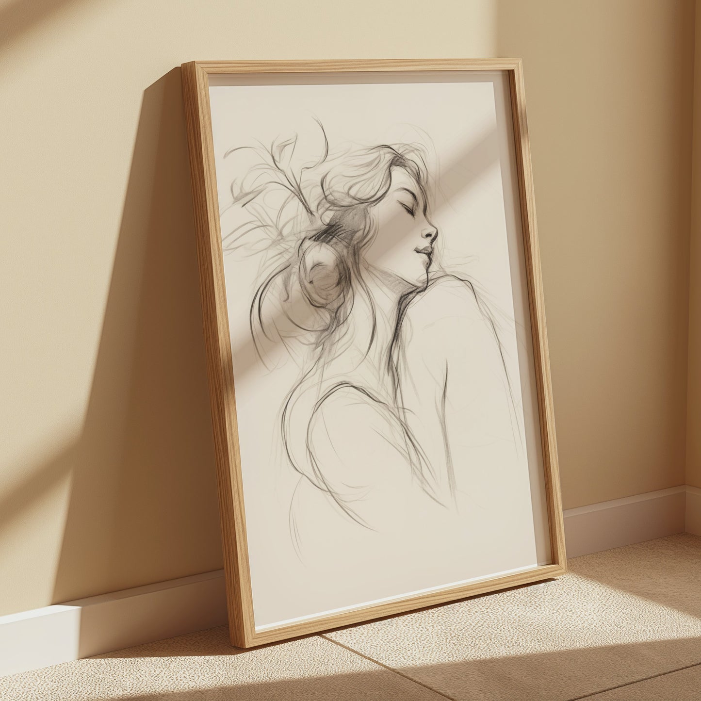 Premium Poster of Graceful Sketch of Woman in Thoughtful Pose Posters