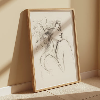 Premium Poster of Graceful Sketch of Woman in Thoughtful Pose Posters
