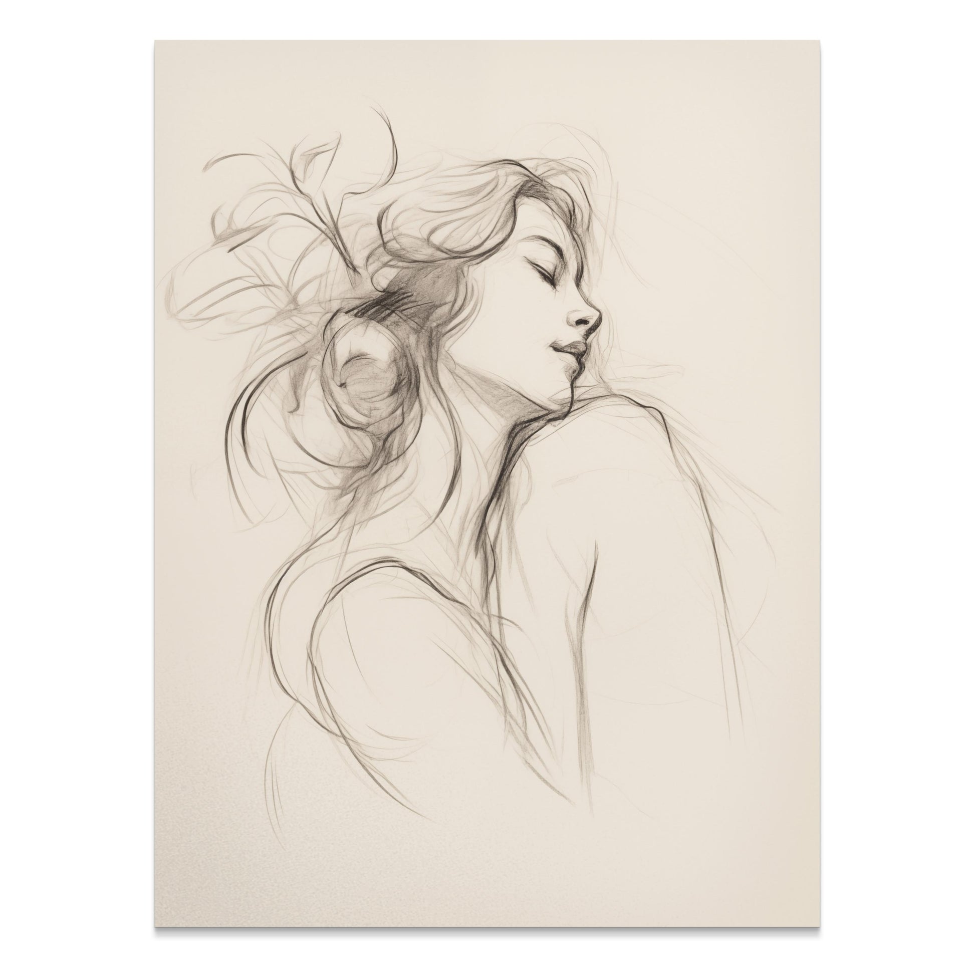 Premium Poster of Graceful Sketch of Woman in Thoughtful Pose Posters