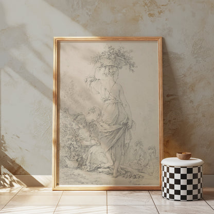Premium Poster of Graceful Woman with Basket of Flowers Art Posters