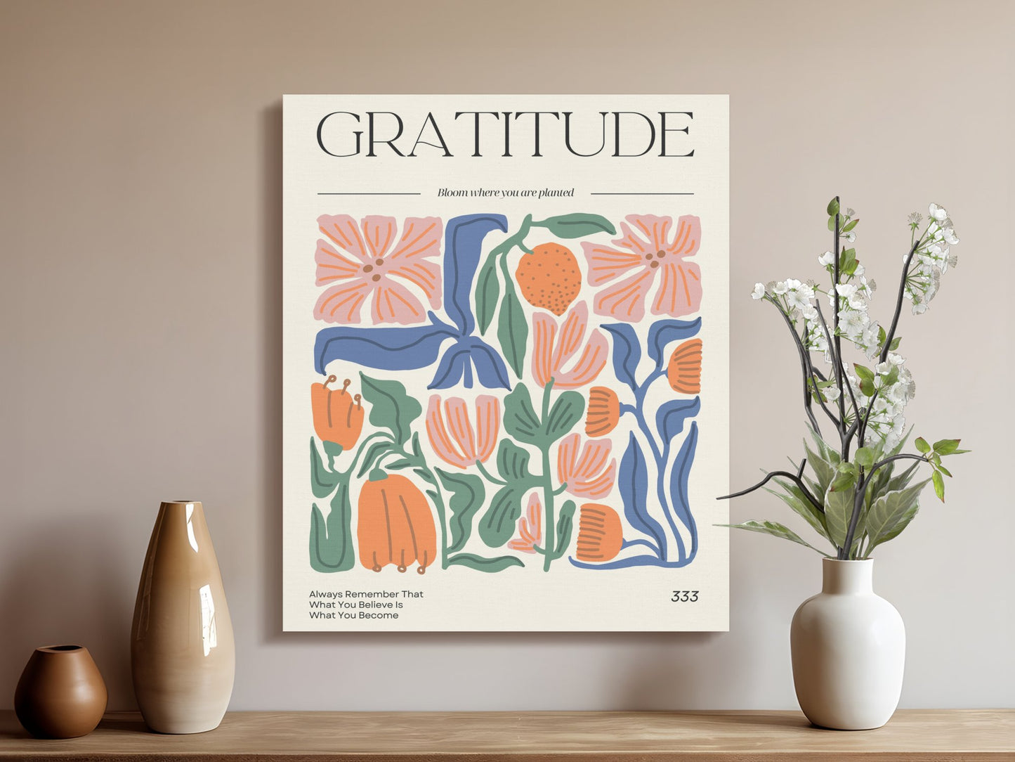 Premium Poster of Gratitude Inspirational Floral Wall Art Canvas Wraps