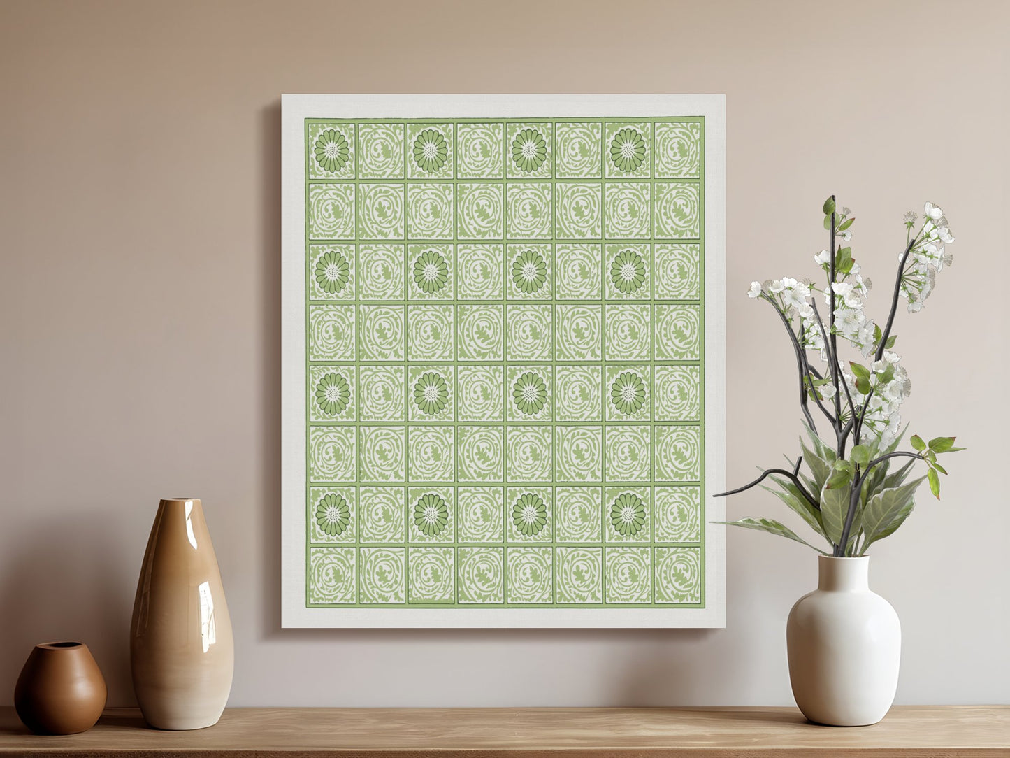Premium Poster of Green and White Intricate Patterns Canvas Wraps
