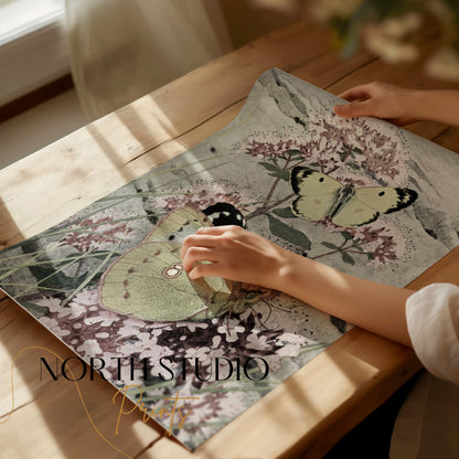 Premium Poster of Green and Yellow Butterflies on Pink Flowers Posters