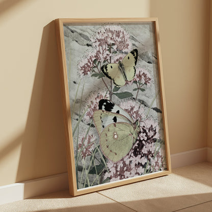 Premium Poster of Green and Yellow Butterflies on Pink Flowers Posters