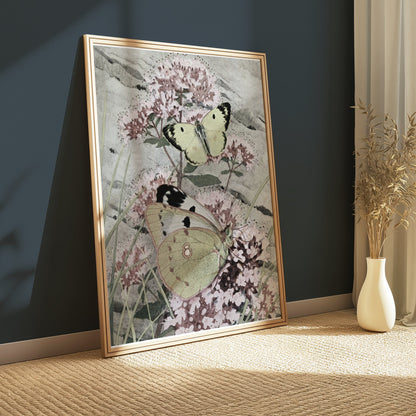 Premium Poster of Green and Yellow Butterflies on Pink Flowers Posters