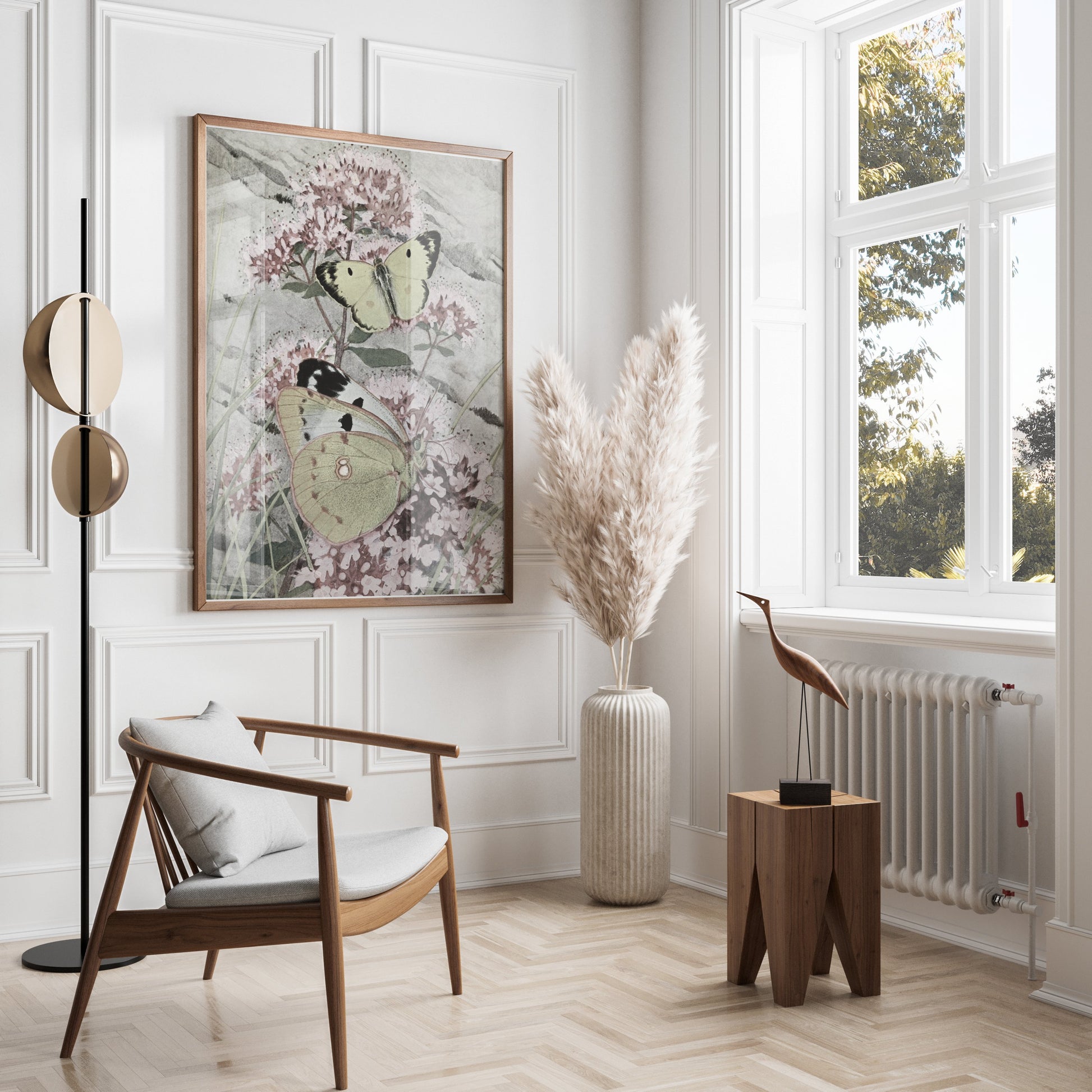 Premium Poster of Green and Yellow Butterflies on Pink Flowers Posters