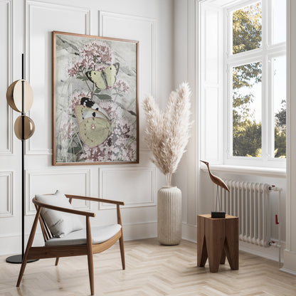 Premium Poster of Green and Yellow Butterflies on Pink Flowers Posters