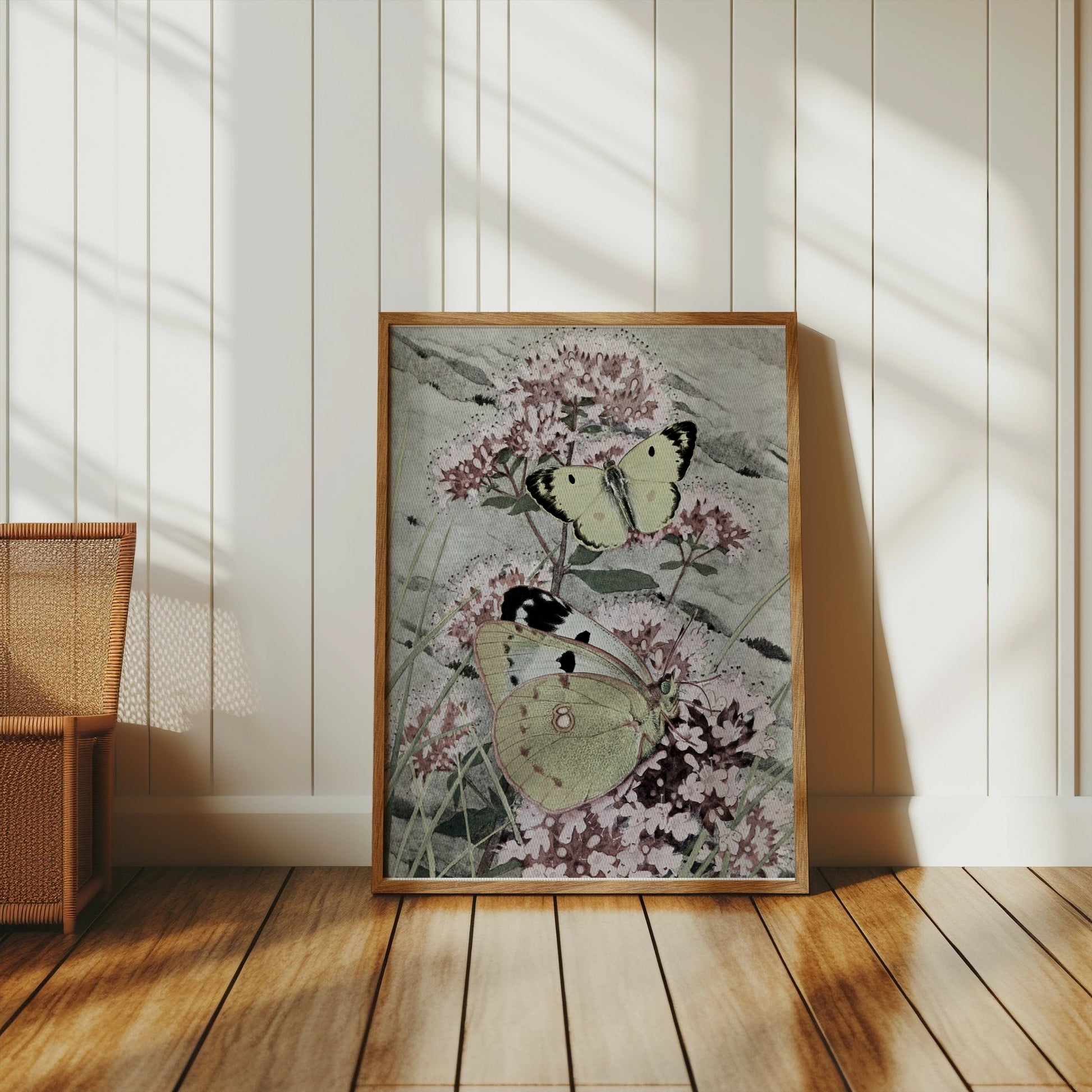 Premium Poster of Green and Yellow Butterflies on Pink Flowers Posters
