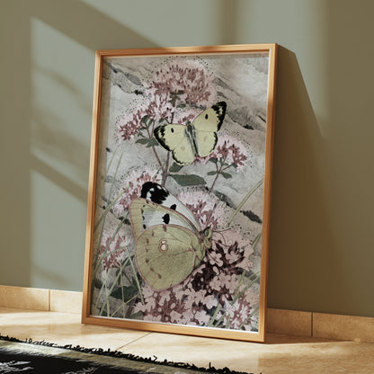 Premium Poster of Green and Yellow Butterflies on Pink Flowers Posters