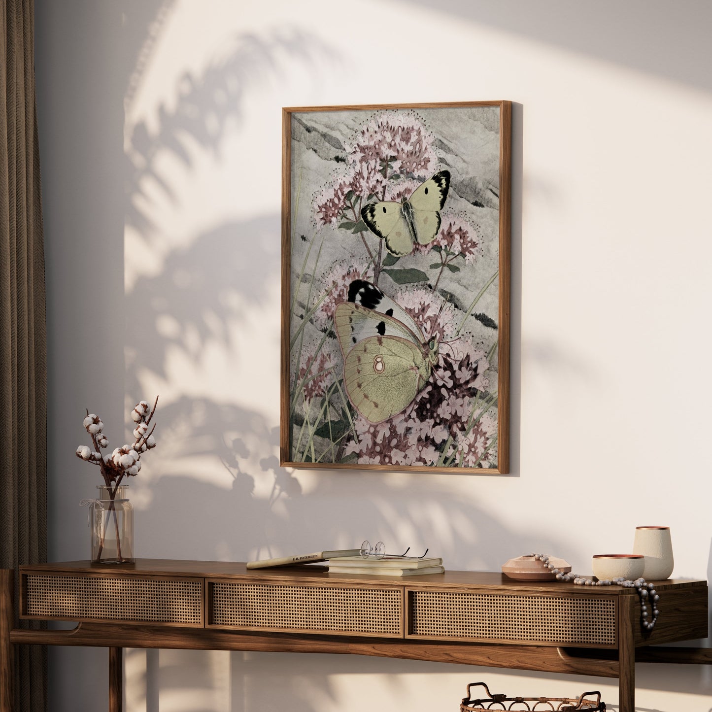 Premium Poster of Green and Yellow Butterflies on Pink Flowers Posters