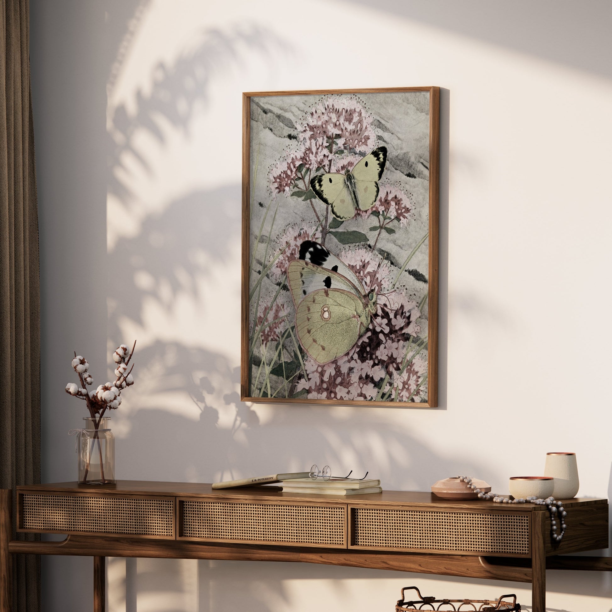 Premium Poster of Green and Yellow Butterflies on Pink Flowers Posters