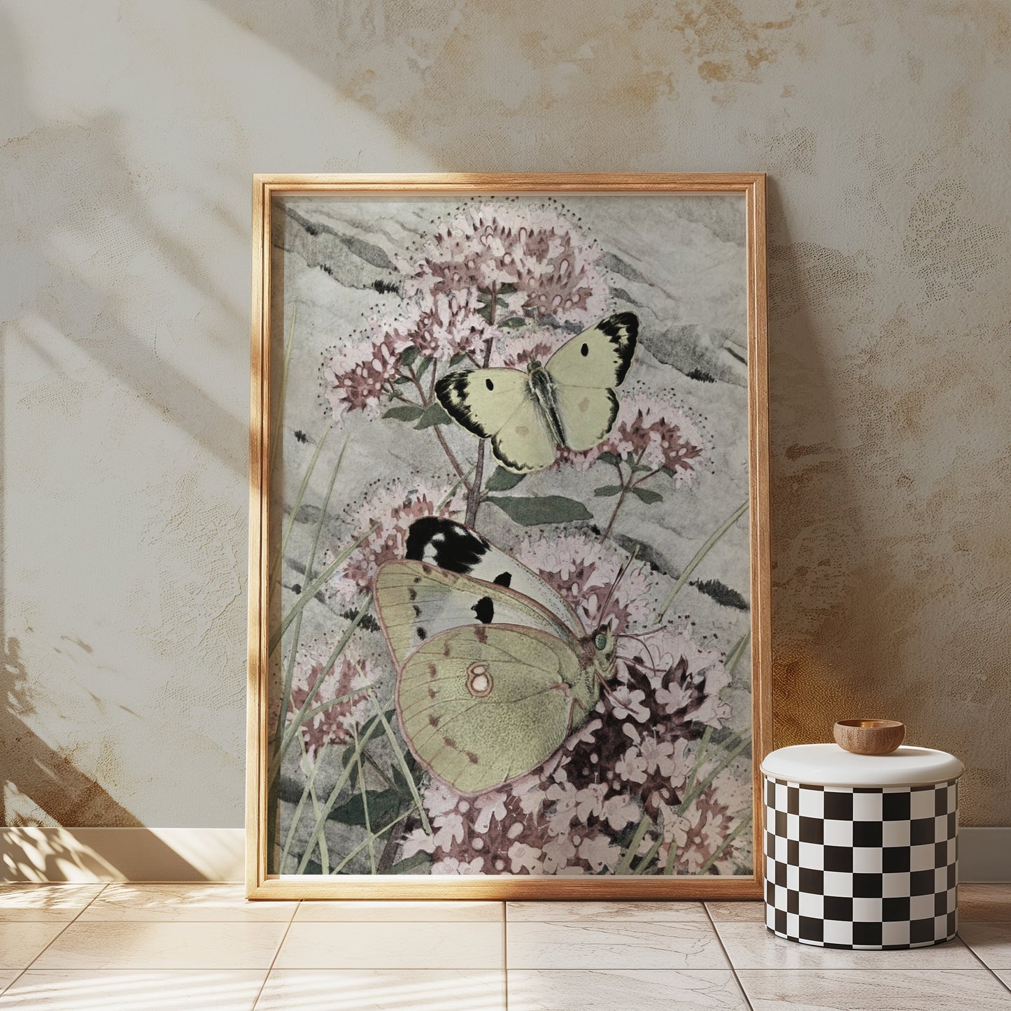 Premium Poster of Green and Yellow Butterflies on Pink Flowers Posters